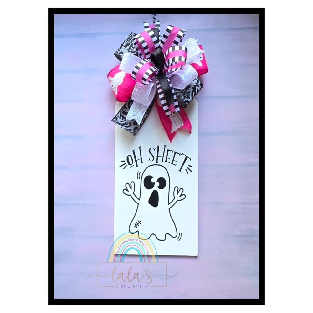 HandPainted Funny Halloween Door Hanger W Bow- Funny Ghost Sign- Pink & Black